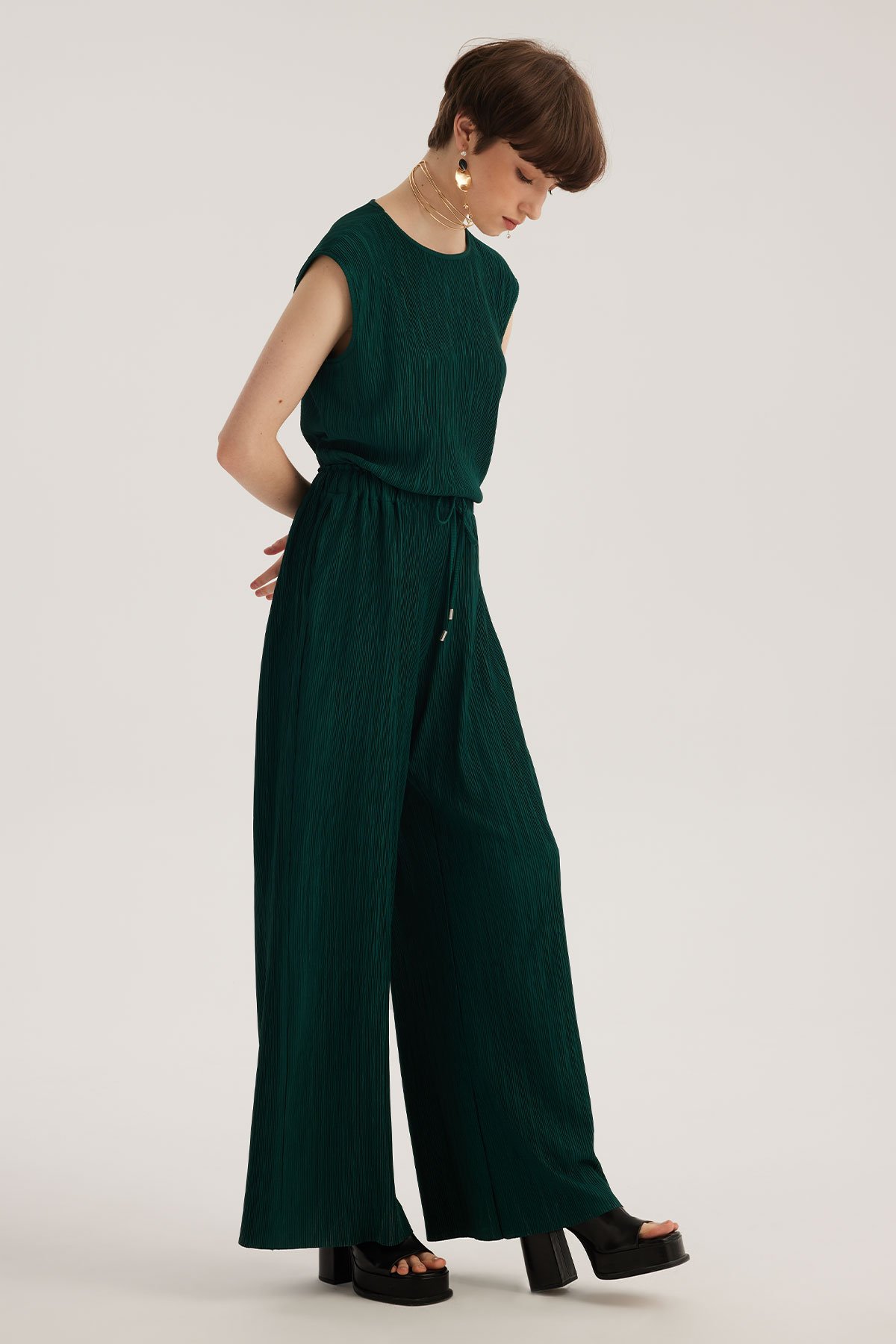 Yeşil Beli Lastikli Pliseli Cepli Yüksek Bel Pantolon