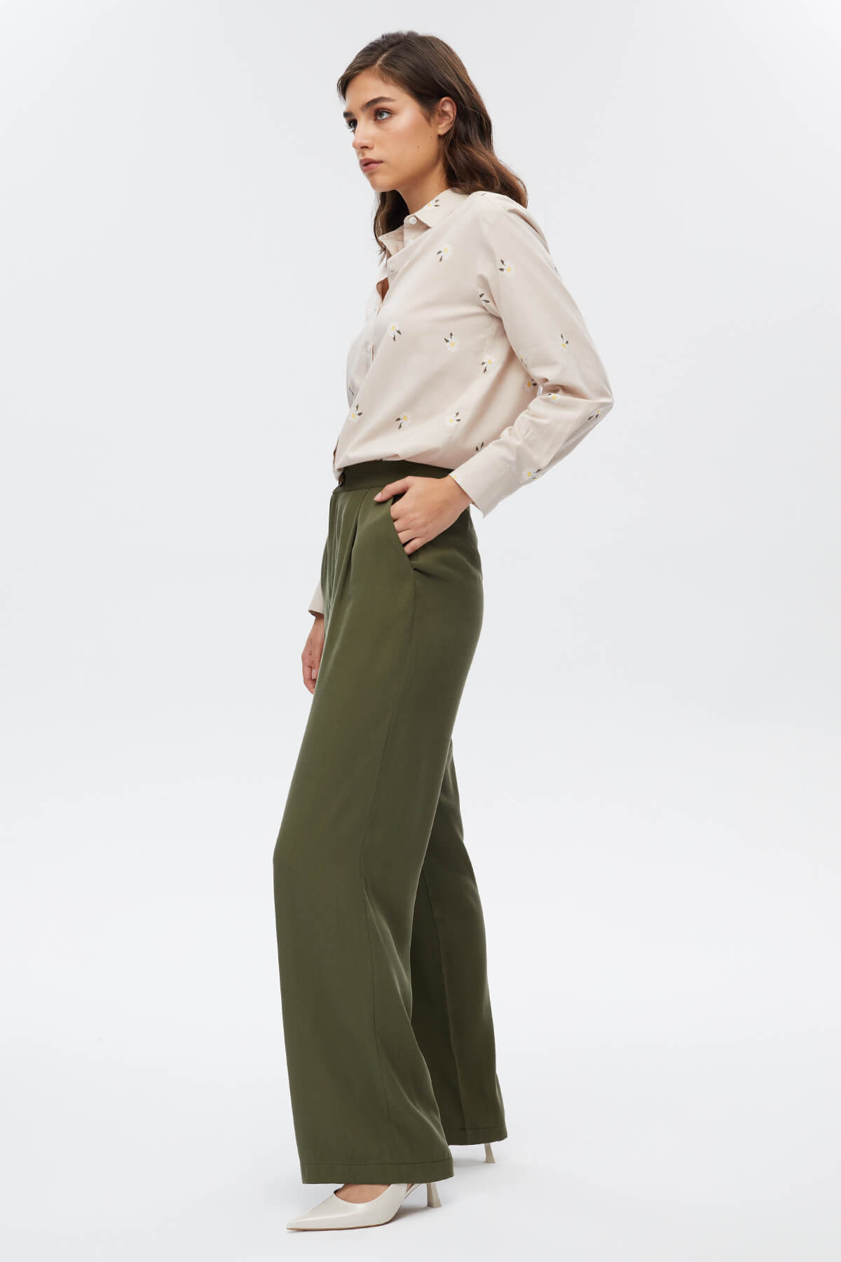 Yeşil Pileli Wide Leg Pantolon