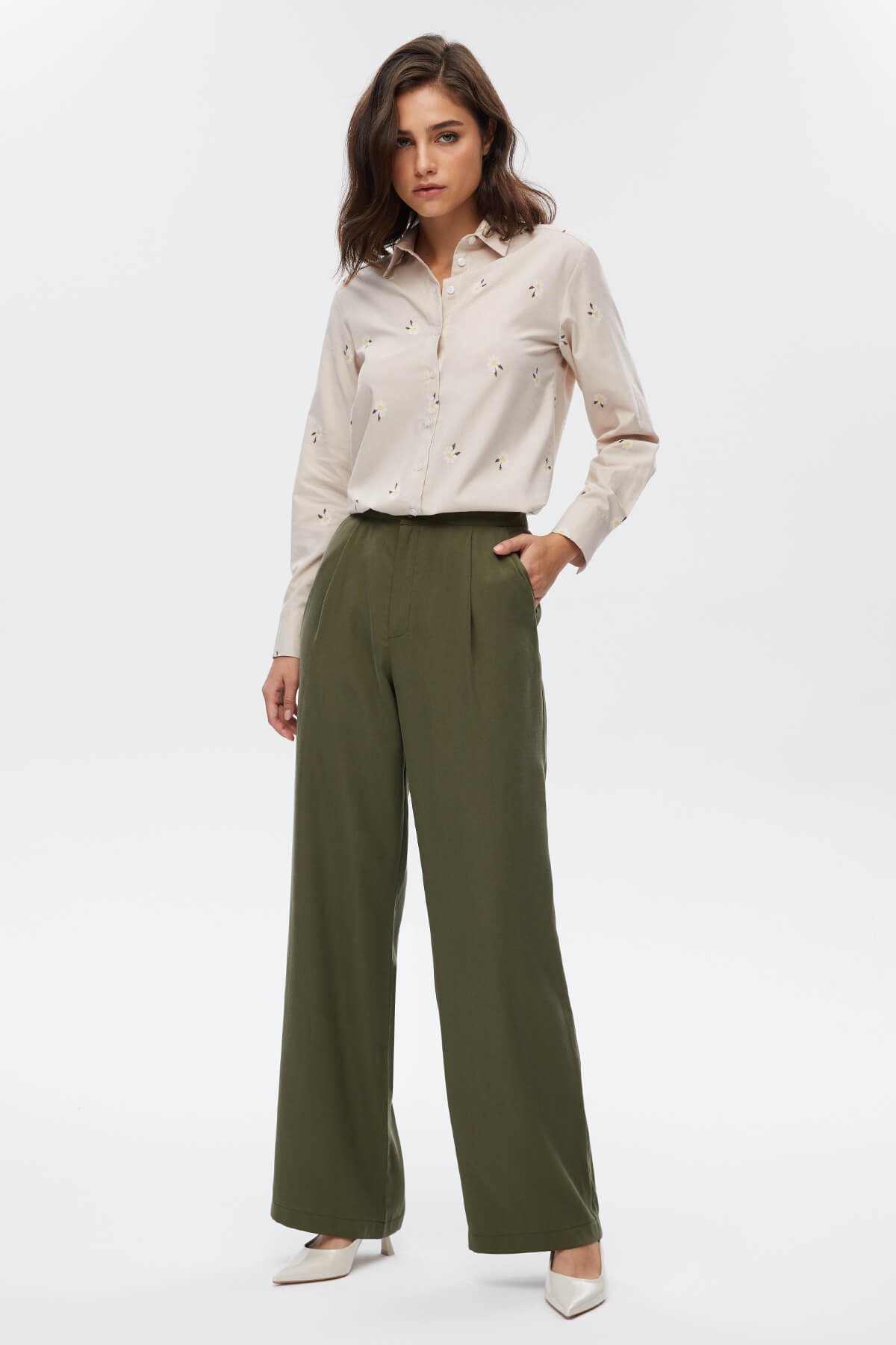 Yeşil Pileli Wide Leg Pantolon