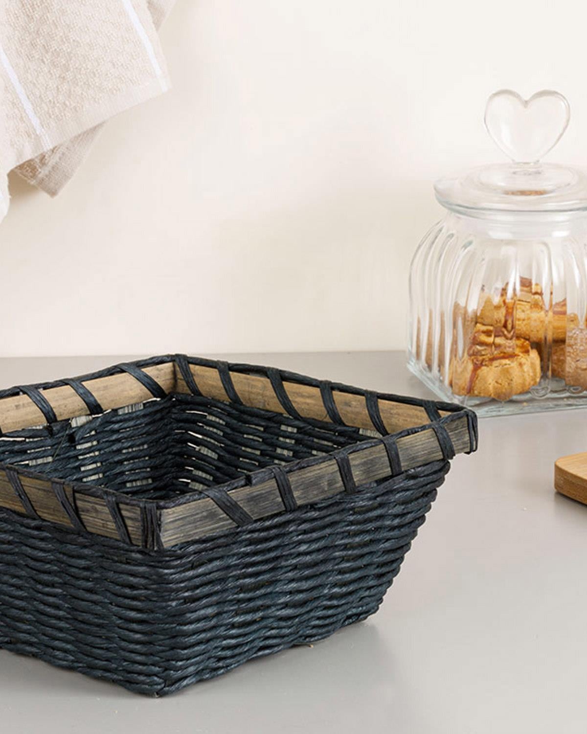 Audrey Straw Square Bread Basket 19x19x9 cm Blue