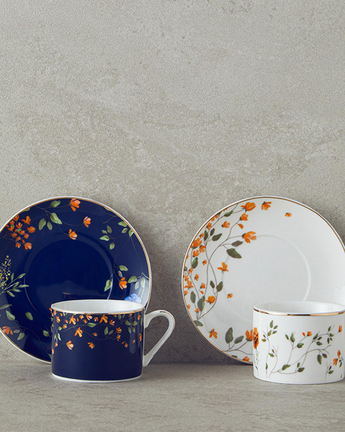 Belleza New Bone China 4 Parça 2 Kişilik Coffee Cup Set 80 ml NavyBlue-White