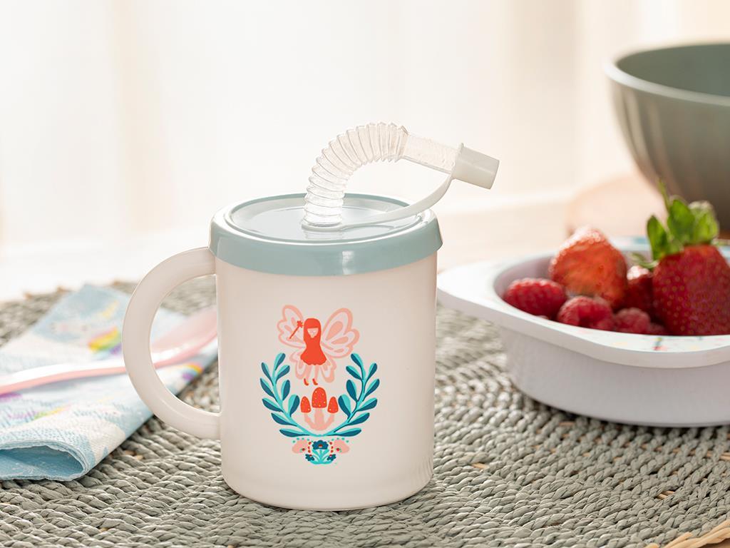 Cană cu pai pentru copii, Fairy, 210 ml, plastic, bleu