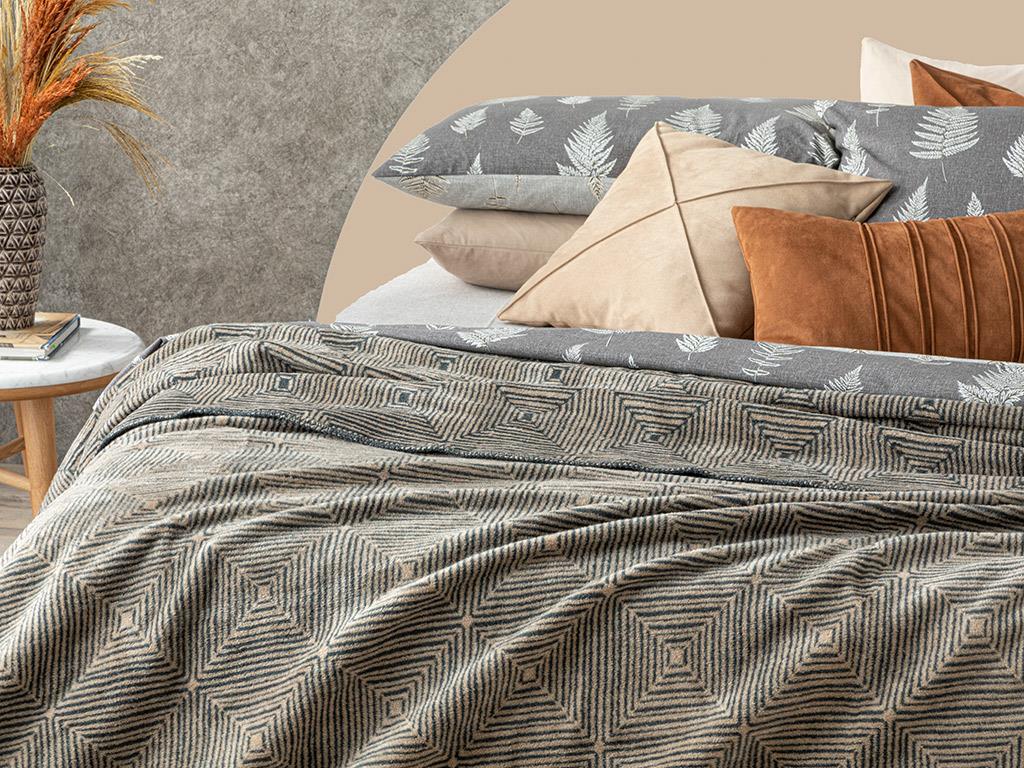 Chequer Bumbac Dublu Pătură 200*220 Cm Antracit - Bej