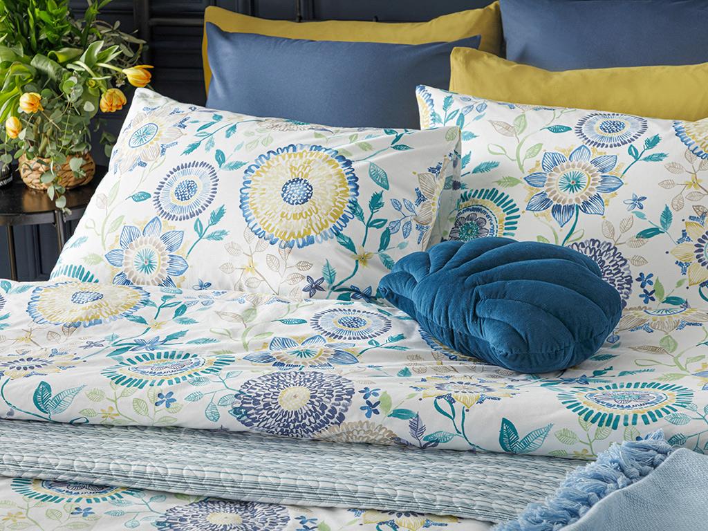 Chrysant Bumbac King Size Set Lenjerie De Pat 240*220 Cm Albastru