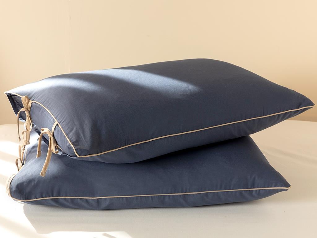 Classy Plain Biyeli Bağcıklı Pamuk Set 2  FAȚĂ DE PERNĂ 50x70 cm Midnight Blue-Coffee Mousse