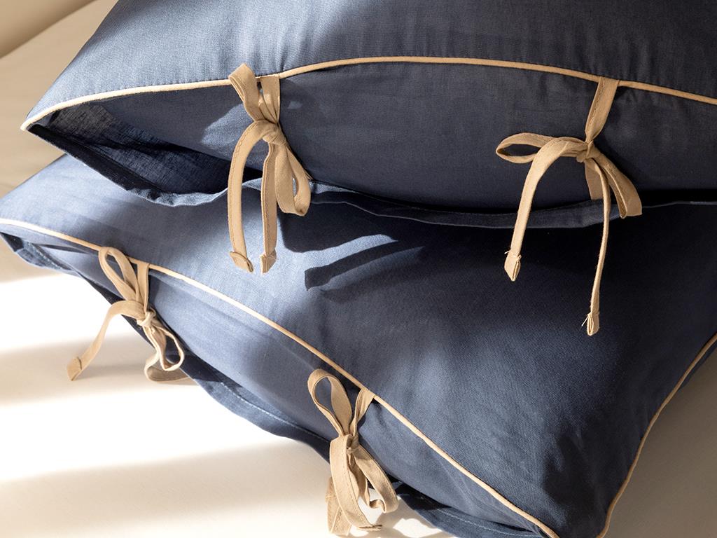 Classy Plain Biyeli Bağcıklı Pamuk Set 2  FAȚĂ DE PERNĂ 50x70 cm Midnight Blue-Coffee Mousse