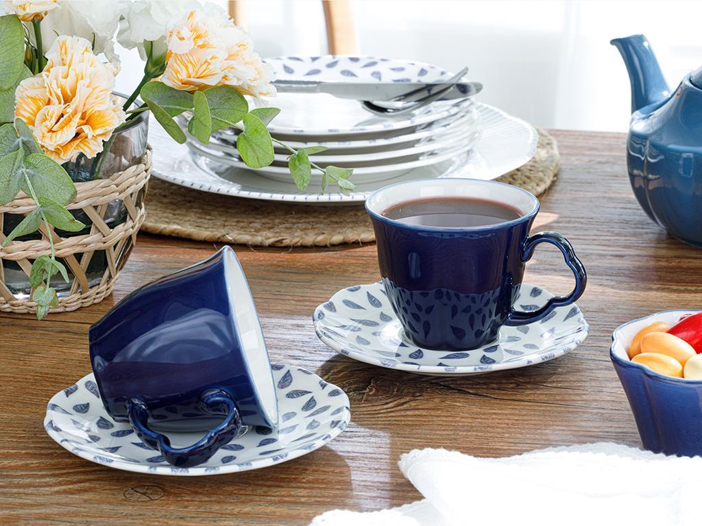 Clover Leaf Porcelain 4 Parça 2 Kişilik Tea Cup Set 180 ml White-Blue