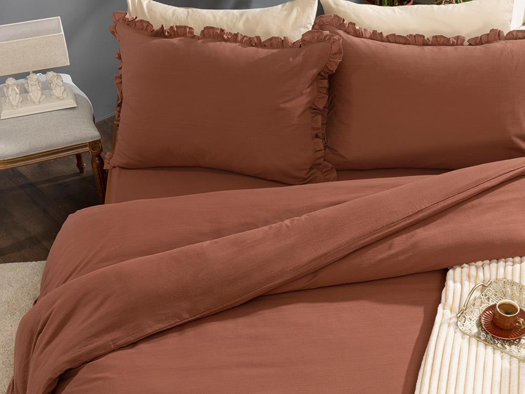 Donna Fırfırlı Flamlı Dublu Set Lenjerie De Pat 200*220 Cm Roșu-maro