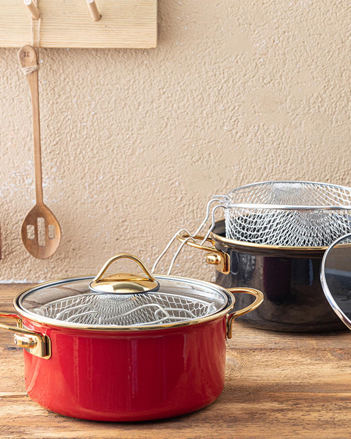 Enamel Fritöz Telli Frying Pan 22 cm Red