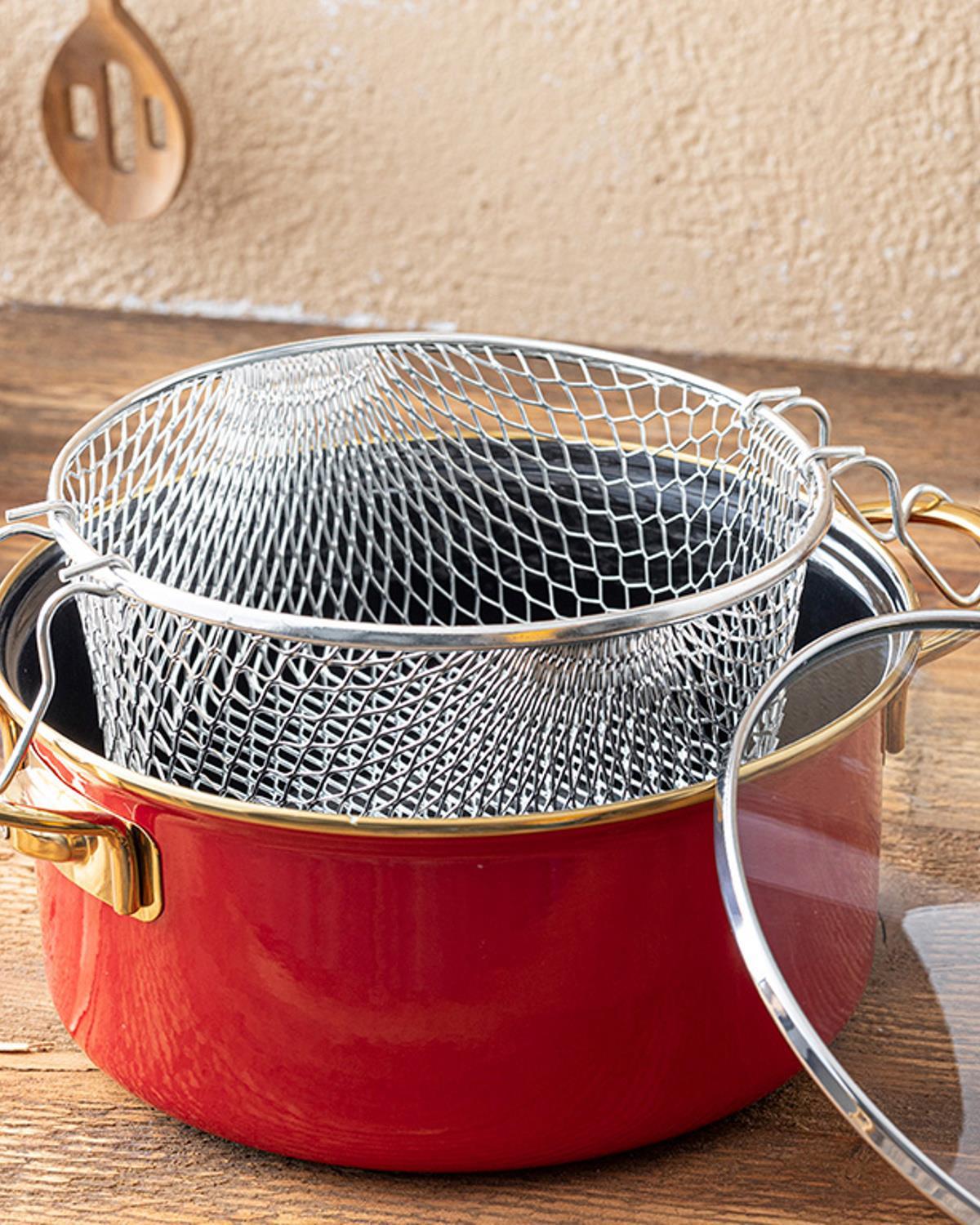 Enamel Fritöz Telli Frying Pan 22 cm Red