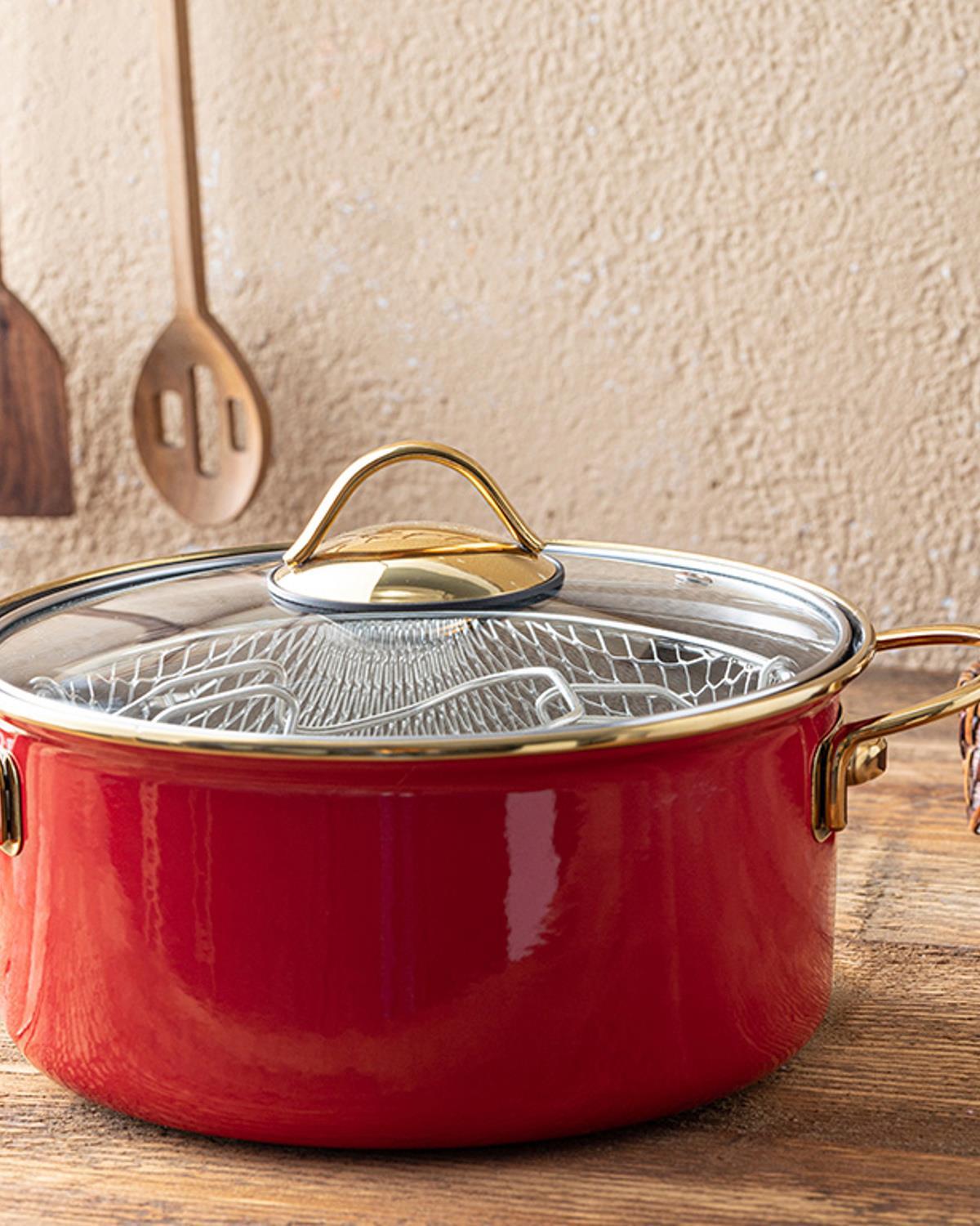 Enamel Fritöz Telli Frying Pan 22 cm Red