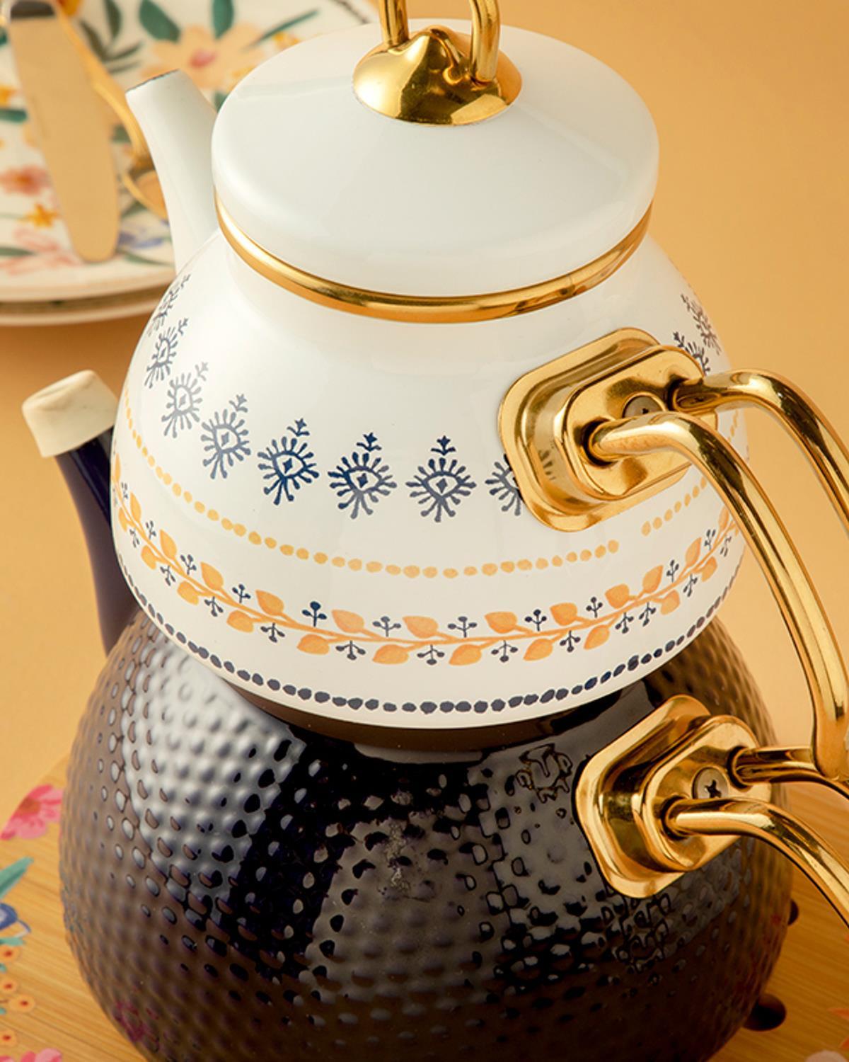 Ethnic Lines Enamel Tea Pot 0,50 lt + 1,1 lt İndigo