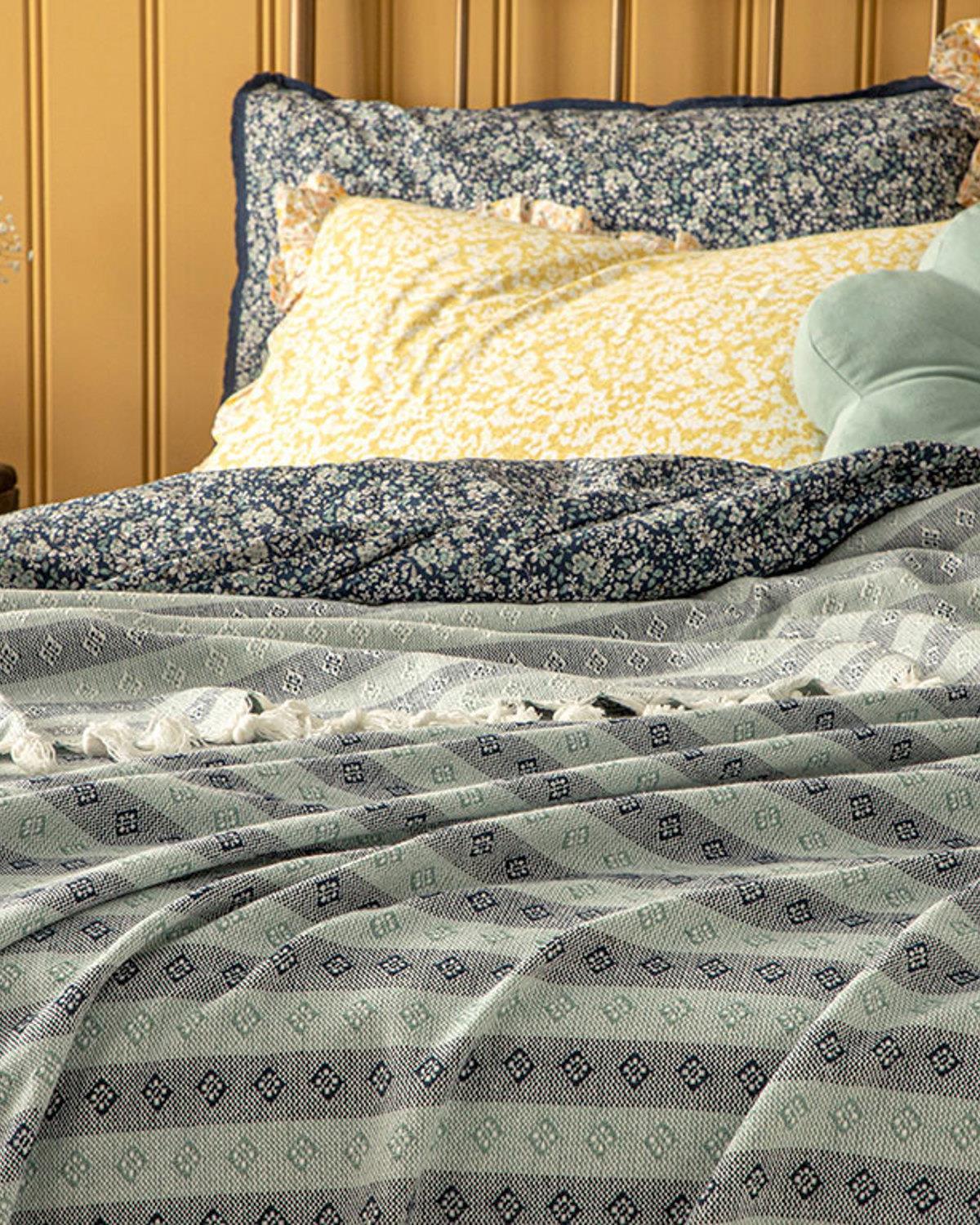 fată frumoasă Țesătură Double Cuvertură Pat 240x260 cm Bleumarin - Seledon