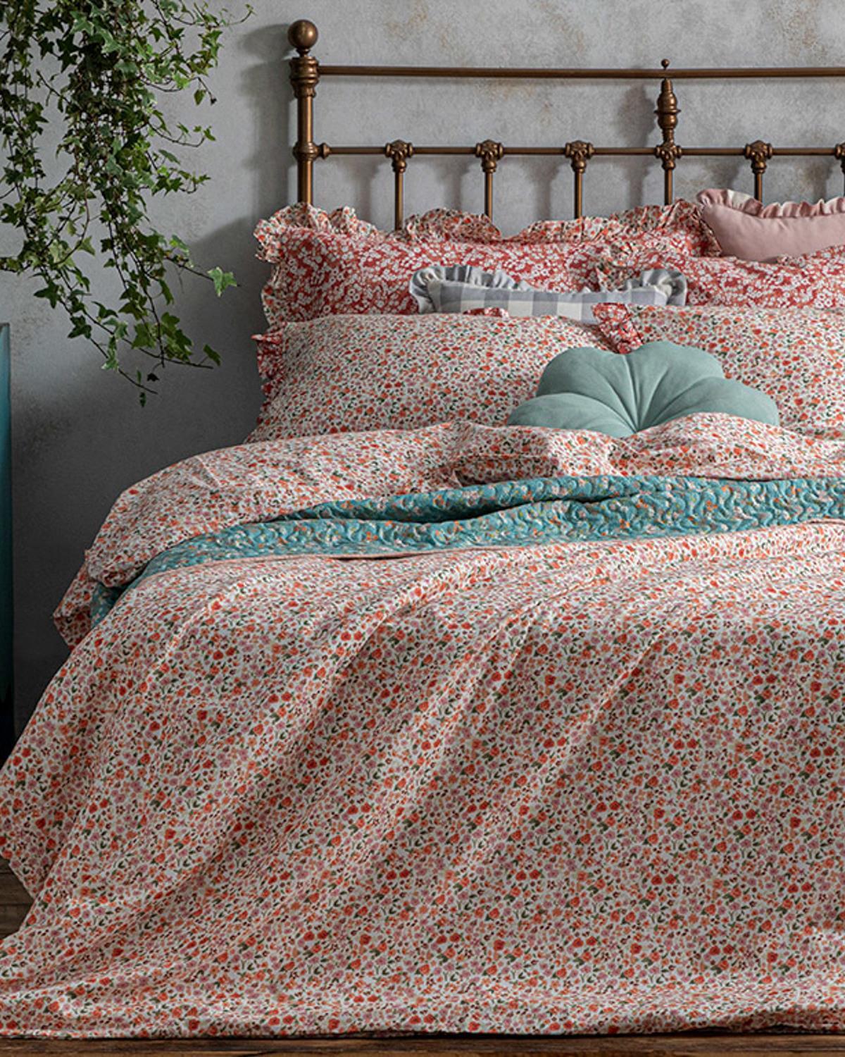 Floweret Cu Bumbac Single Set Lenjerie De Pat 160x220 cm Chihlimbar Roz