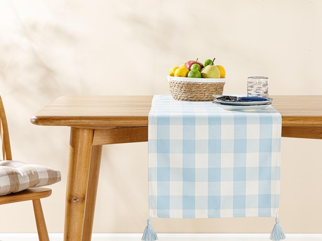 Gingham Cotton Polyester Fringed Runner 40x140 cm Blue