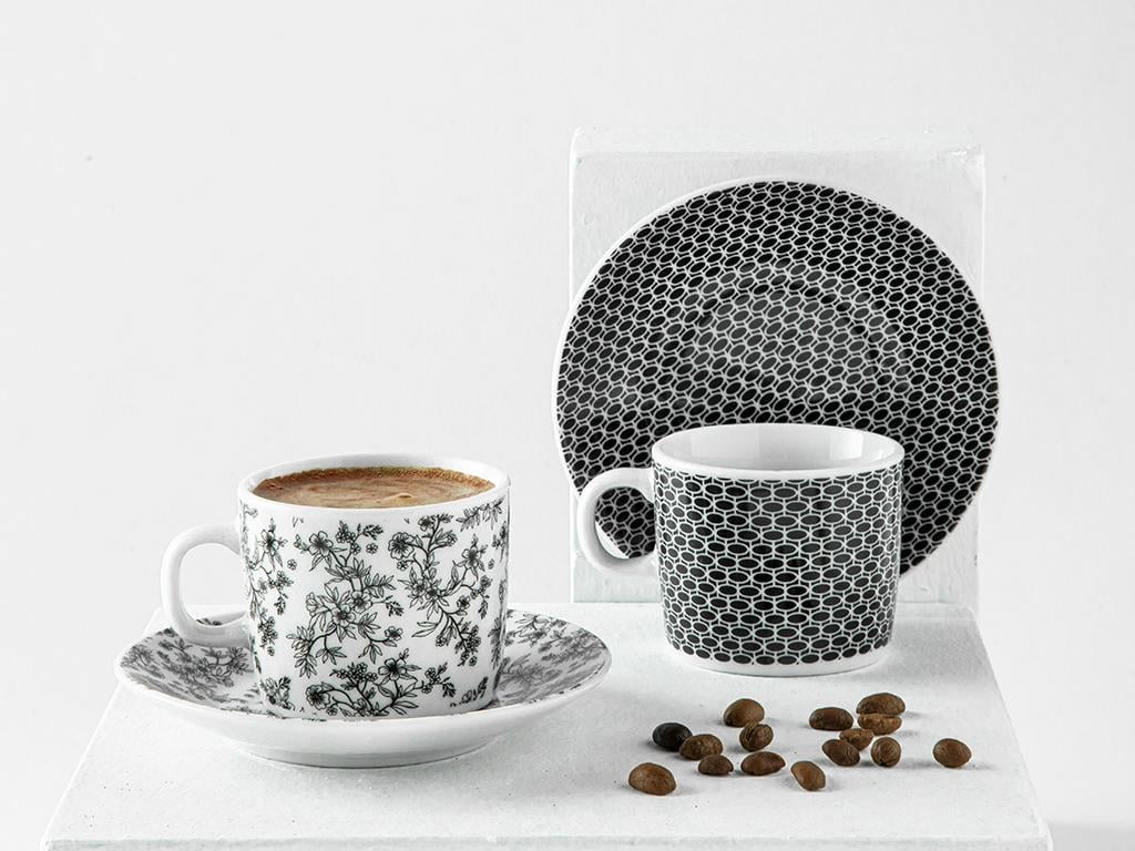 Gusto Porcelain 4 Parça 2 Kişilik Coffee Cup Set 80 ml Black-White