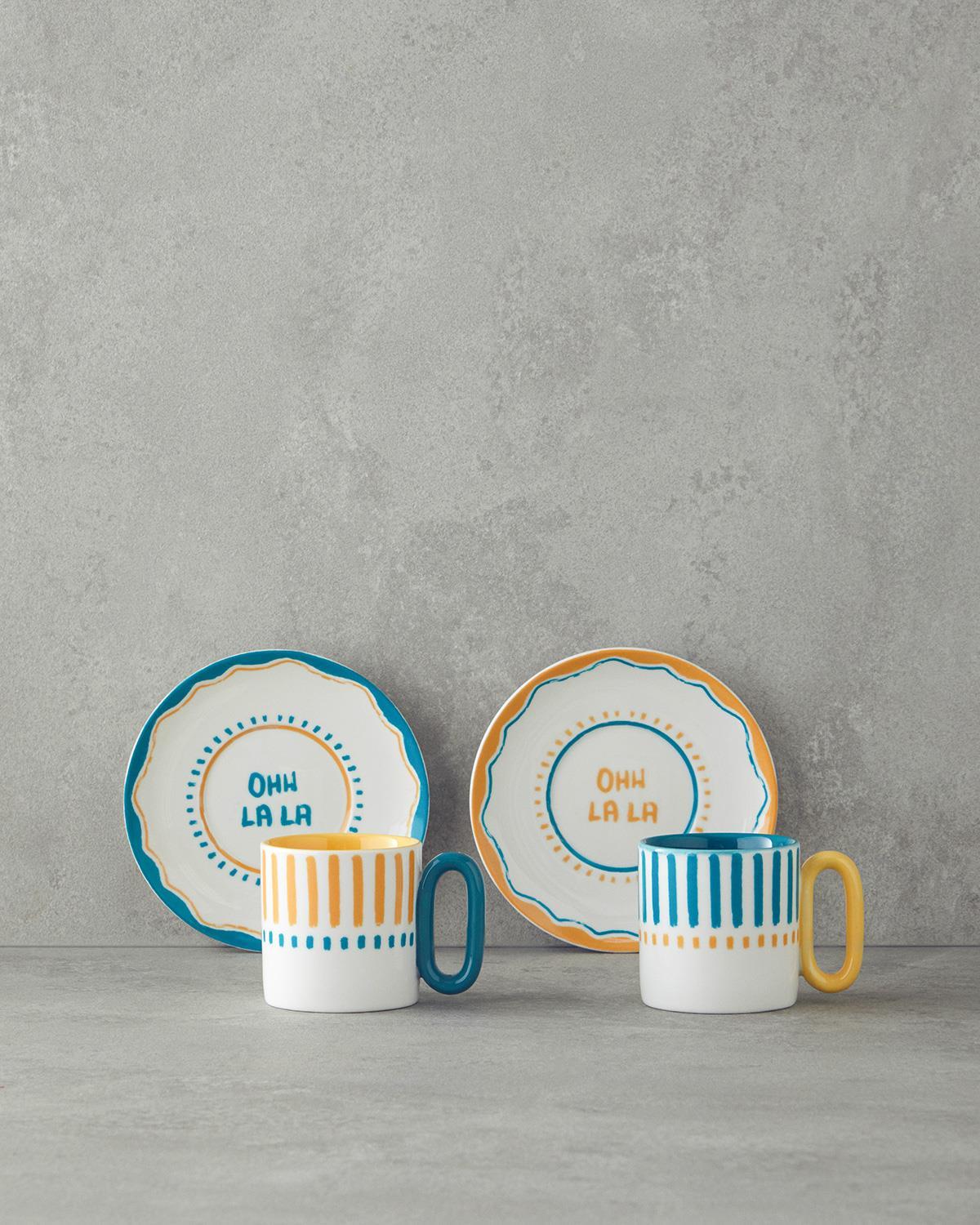 Jolly Waves Porțelan New Bone China 4 Piese 2 Persoane Set De Cești De Cafea 100 ml Albastru