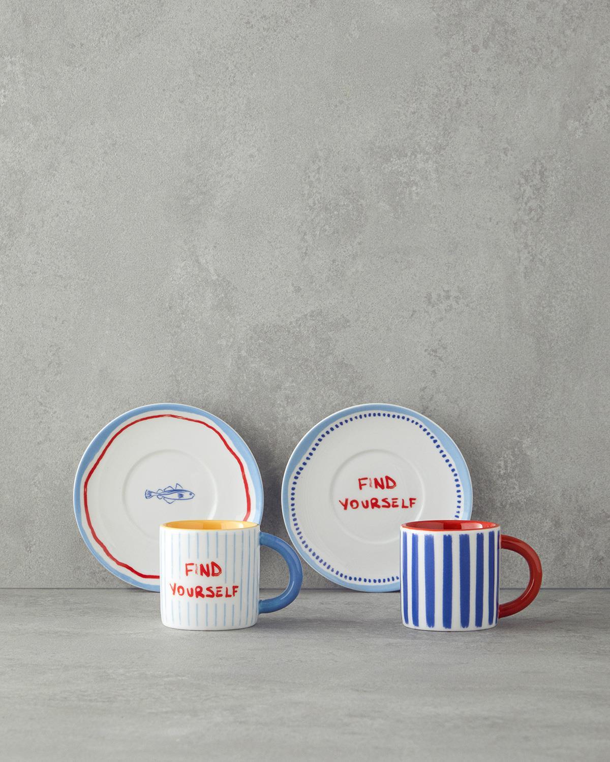 Jolly Waves Porțelan New Bone China 4 Piese 2 Persoane Set De Cești De Cafea 100 ml Roșu - Albastr
