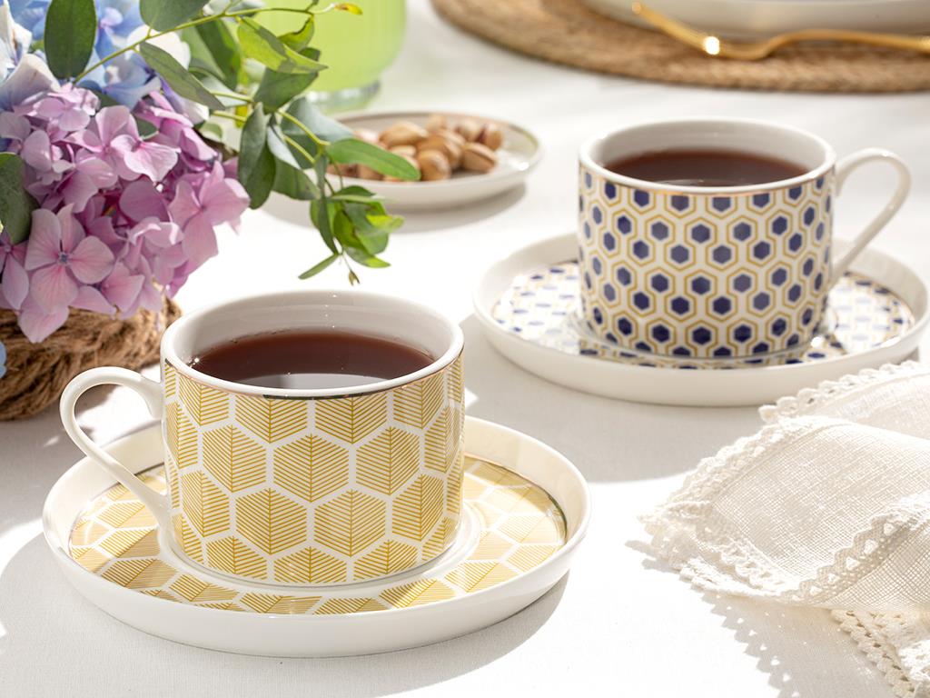 locus comb New Bone 4 Parça 2 Kişilik Tea Cup Set 220 ml Yellow-Blue