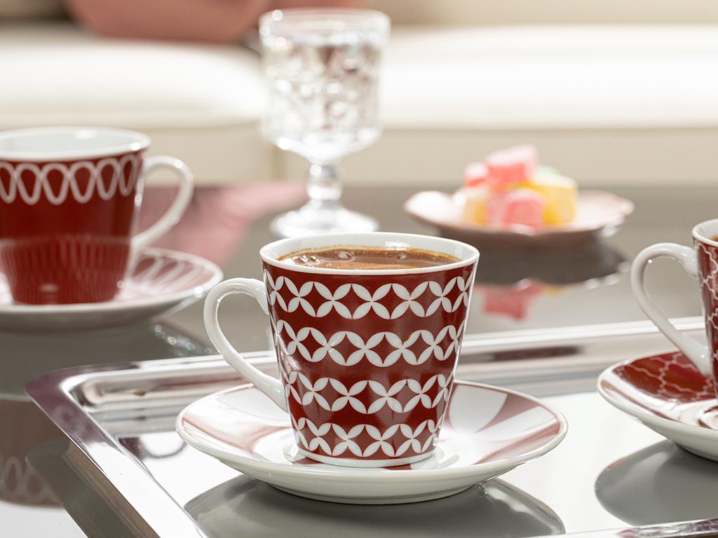 Luis Porcelain 12 Parça 6 Kişilik Coffee Cup Set 80 ml Claret Red