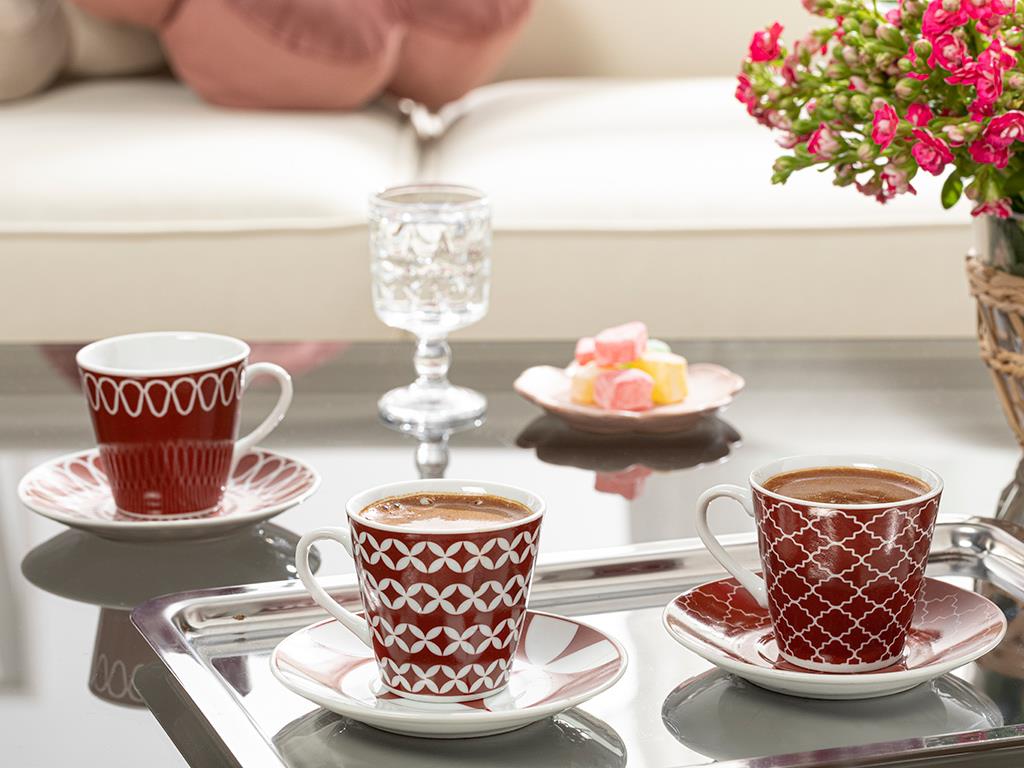 Luis Porcelain 12 Parça 6 Kişilik Coffee Cup Set 80 ml Claret Red