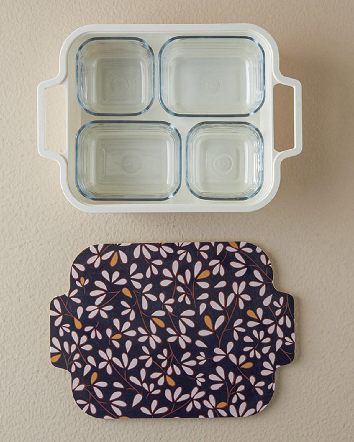 Lunch Box cu 4 compartimente, Modern Daisy, melamină, 30x22 cm, negru