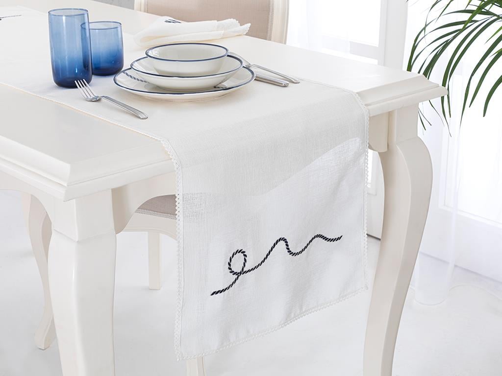 Marin Embroidered Linen Runner 40x150 cm Navy Blue