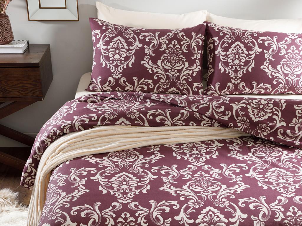Ornamental Damasque Cotton Double Duvet Cover Set Pack 200x220 cm Damson