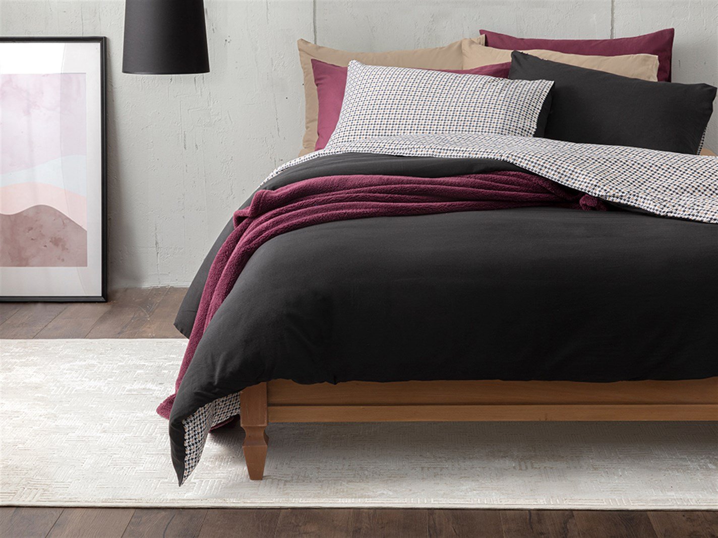 Pied de poule 52 Tel / 132 Numărul de fir Persoană dublă 200x220 cm Black-Beige