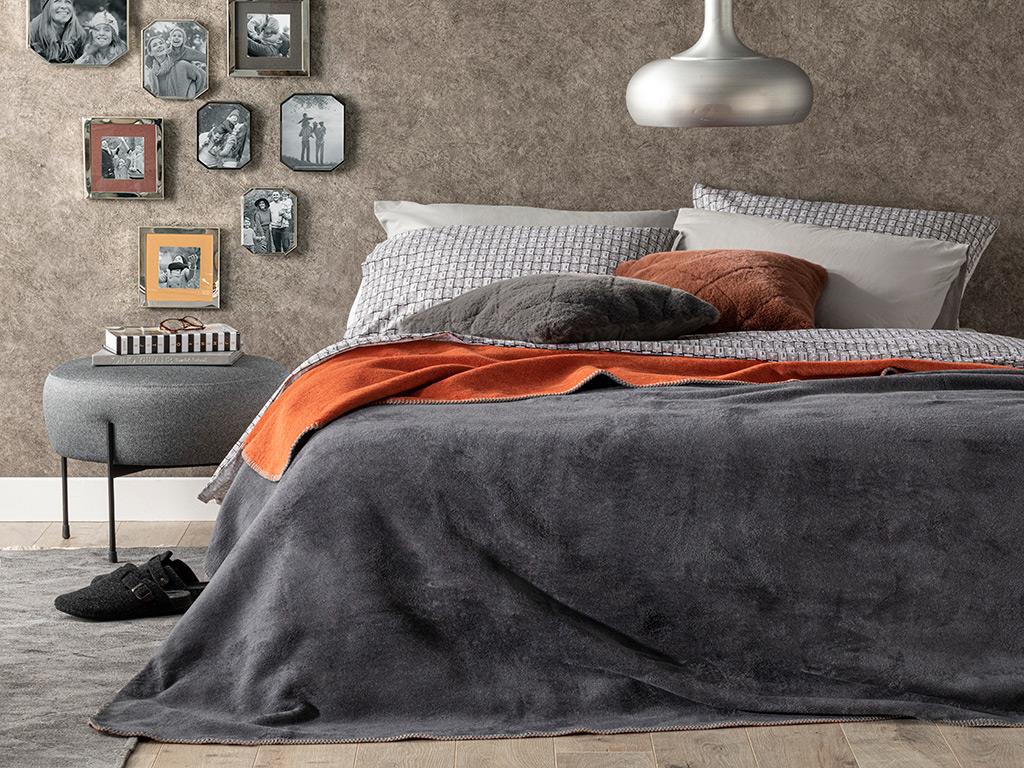 Plain Bumbac Dublu Pătură 200*220 Cm Antracit - Portocaliu
