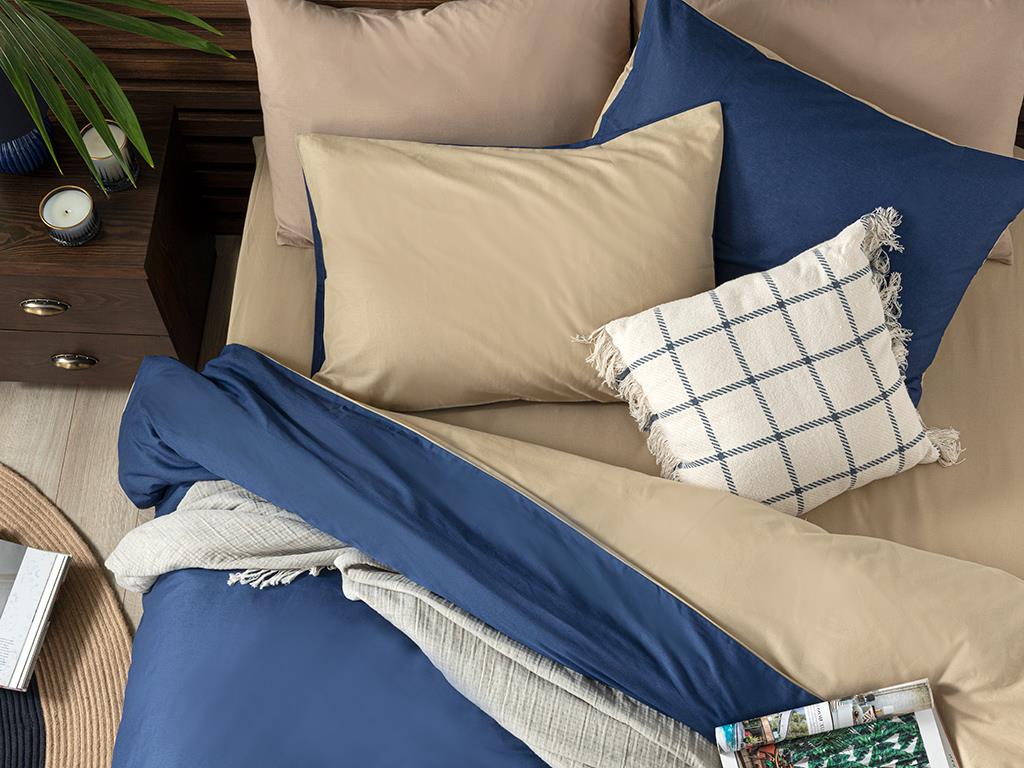 Plain Bumbac For One Person  SET LENJERIE DE PAT 160x220 cm Dark Blue - Beige