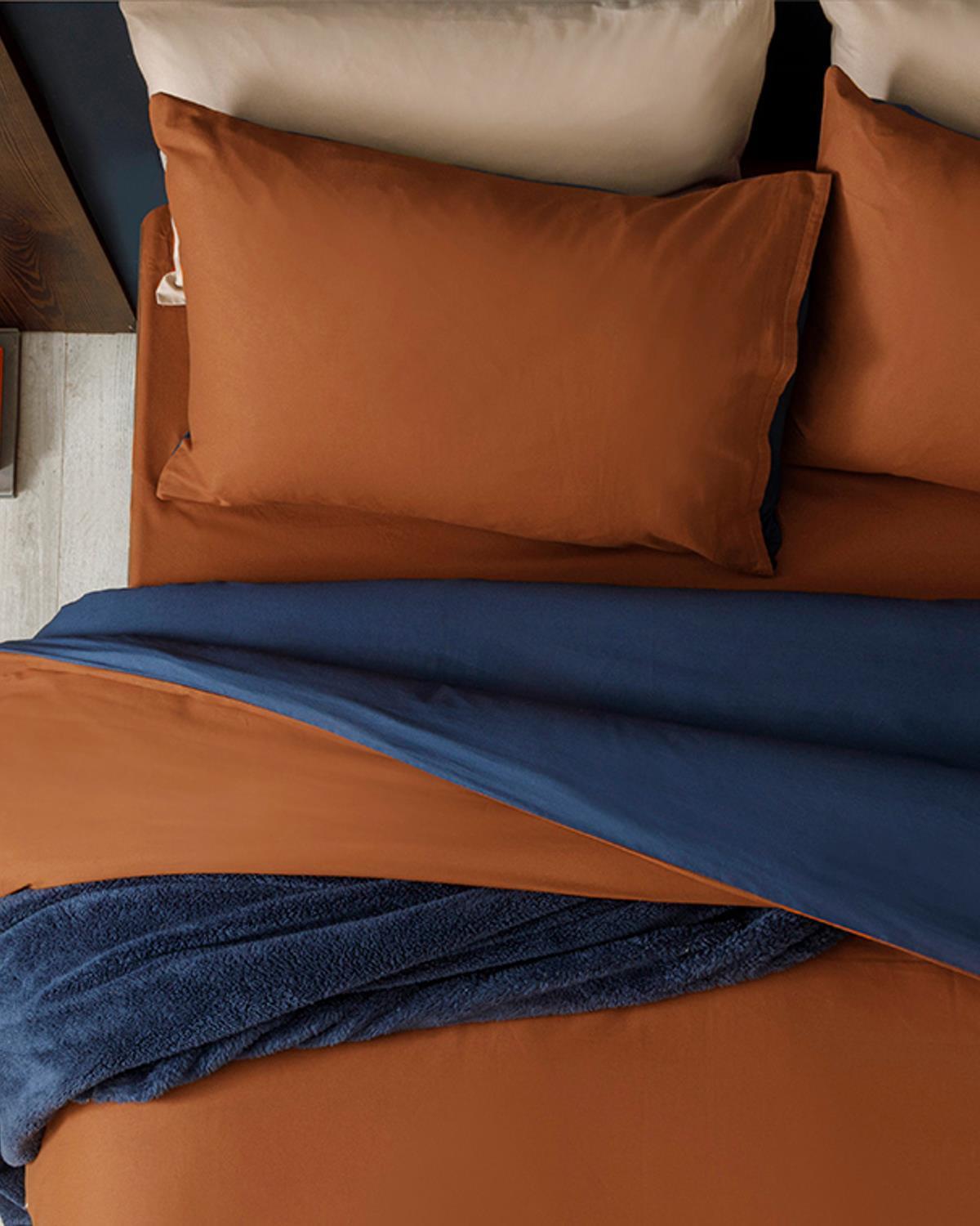Plain Bumbac King Size Set Lenjerie De Pat 240x220 cm Portocaliu - Albastru