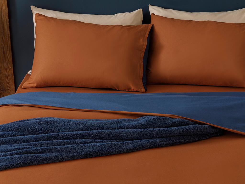 Plain Set Lenjerie De Pat Single, Bumbac, 160*220 Cm, Albastru-Portocaliu