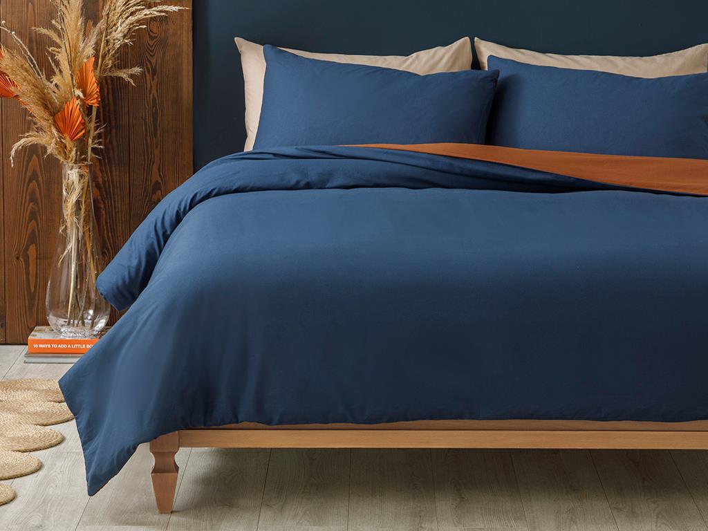 Plain Set Lenjerie De Pat Single, Bumbac, 160*220 Cm, Albastru-Portocaliu