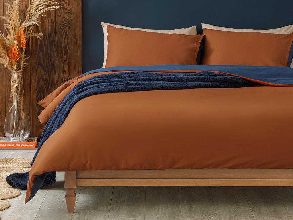 Plain Set Lenjerie De Pat Single, Bumbac, 160*220 Cm, Albastru-Portocaliu