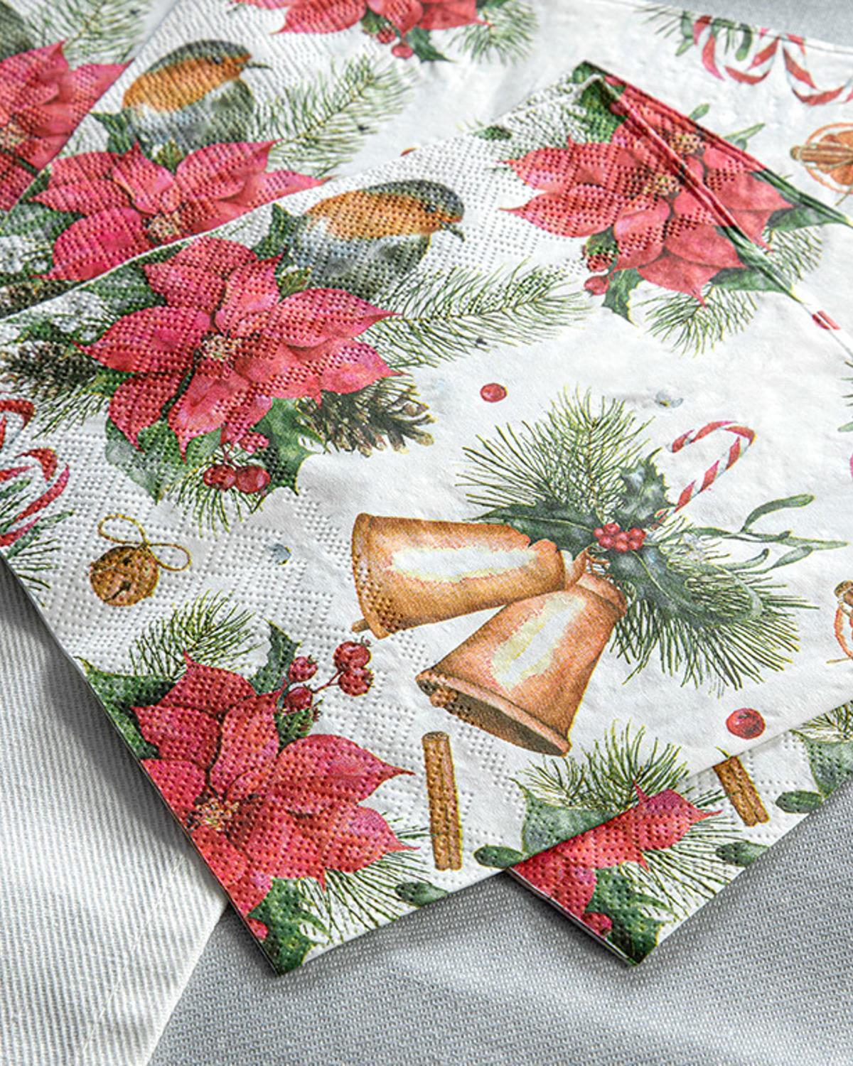 Poinsettia and Bells Paper 20 Set Tissue Napkin 33x33 cm Red