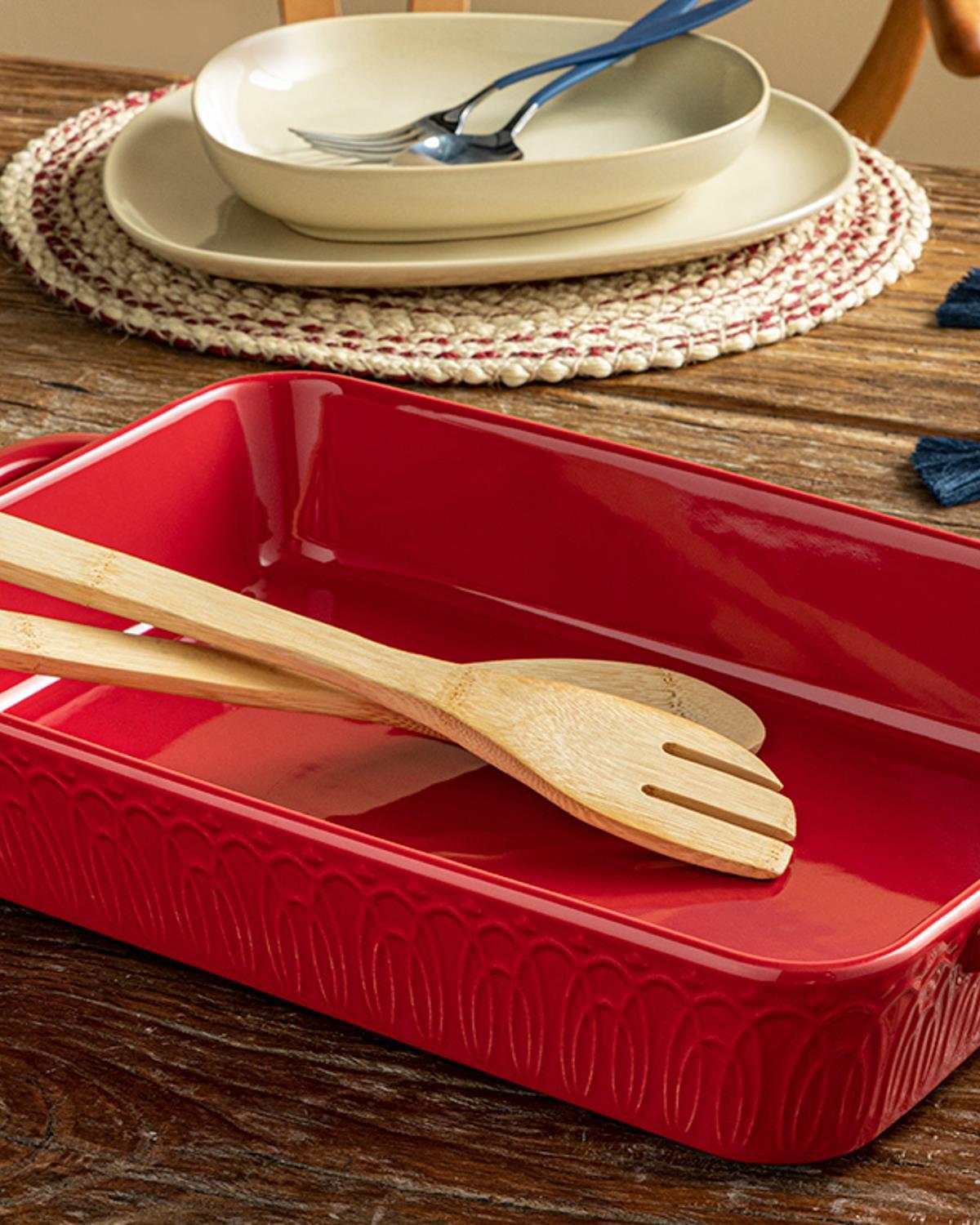 Ripple Stoneware Oven Cover 43x26x7 cm Red