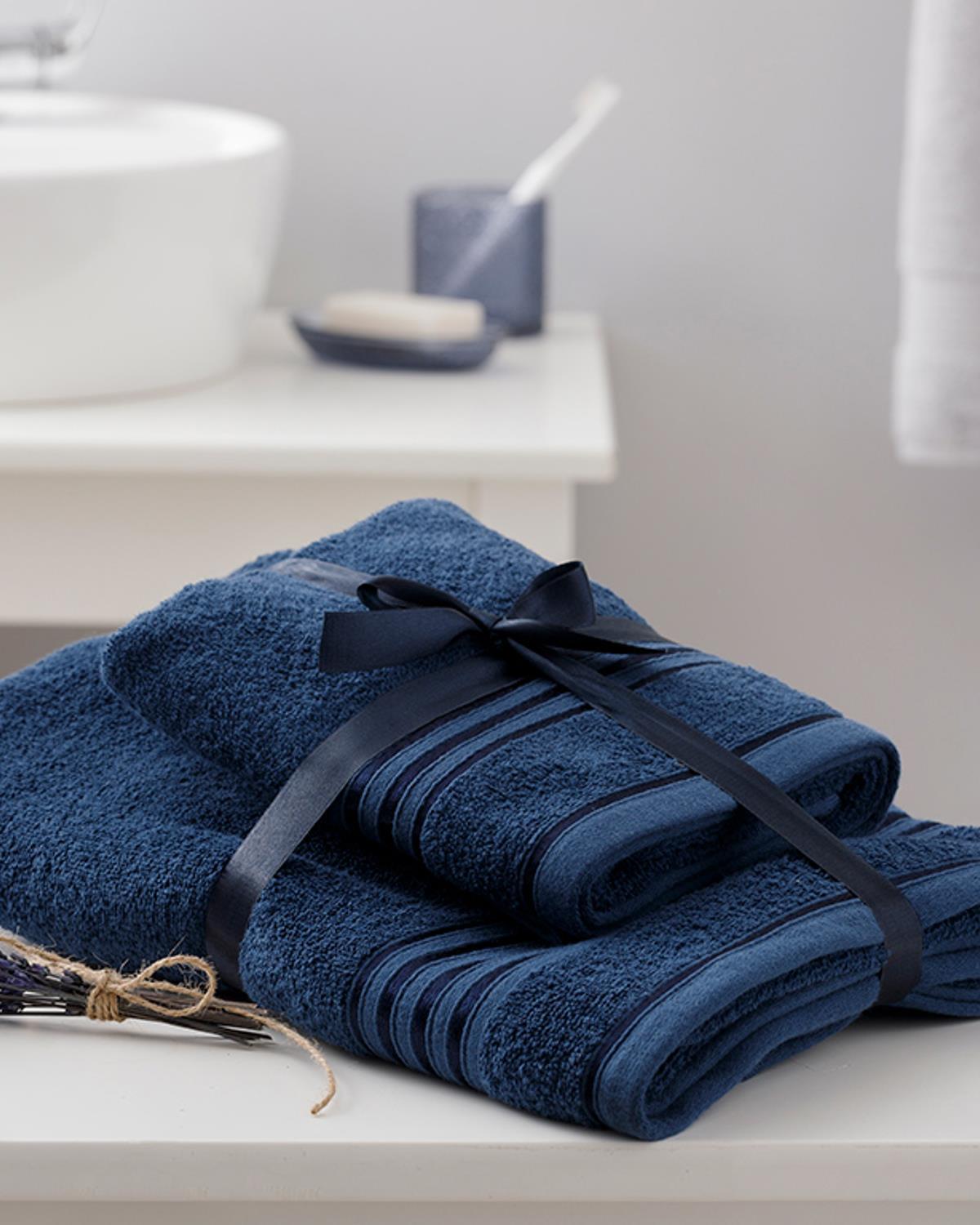 Romantic Stripe Filoselle Bath Towel Set 50x85cm + 70x150cm Light Navy Blue