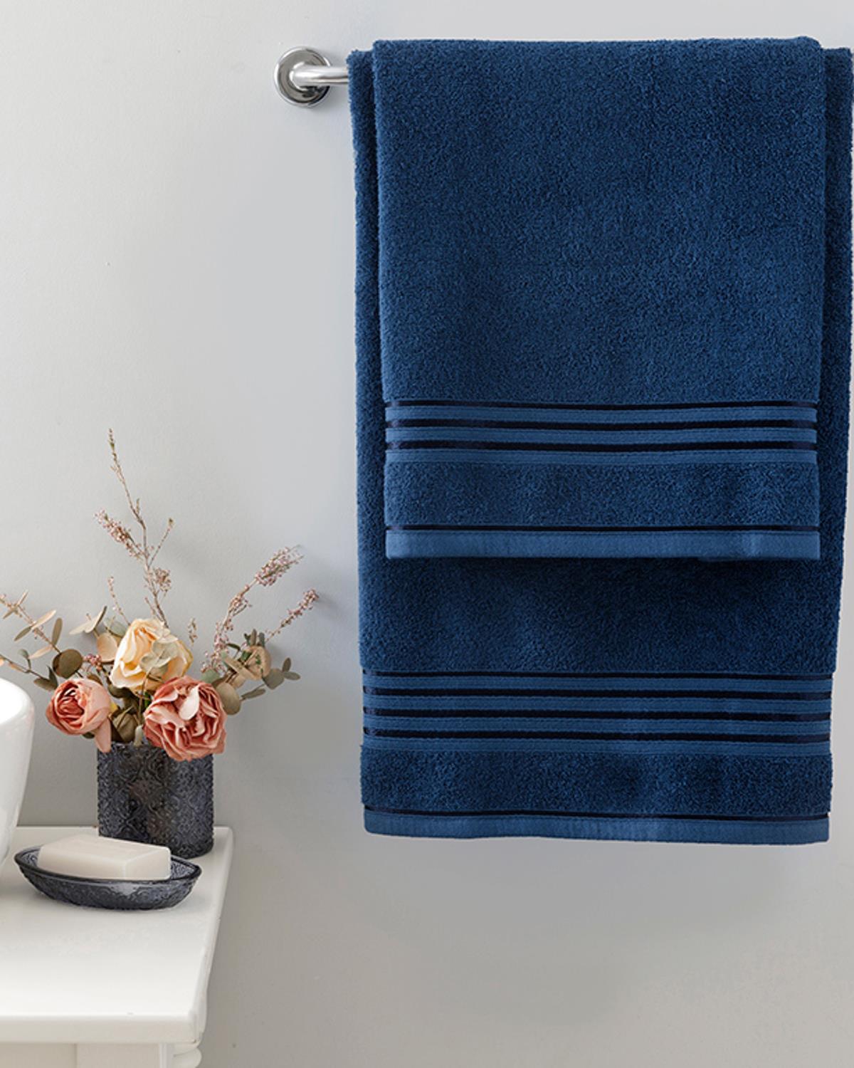 Romantic Stripe Filoselle Bath Towel Set 50x85cm + 70x150cm Light Navy Blue