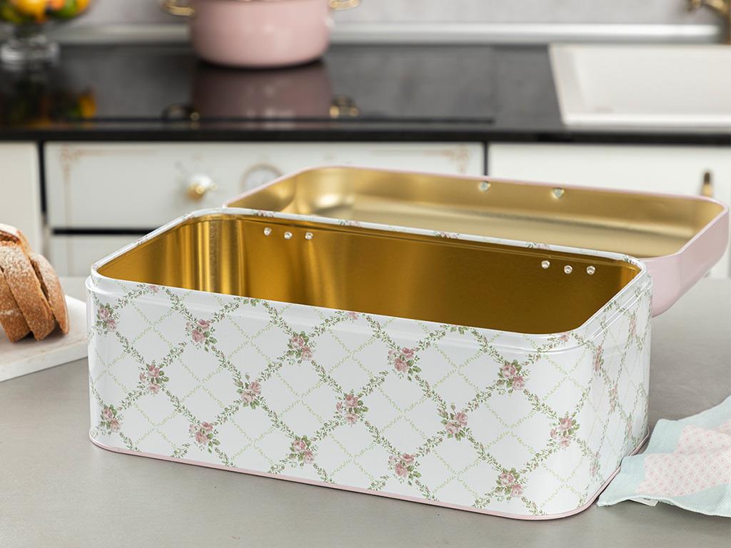 Rosalinda Metal Rectangular Bread Box 20,9x36,5x16,3 cm Pink - White