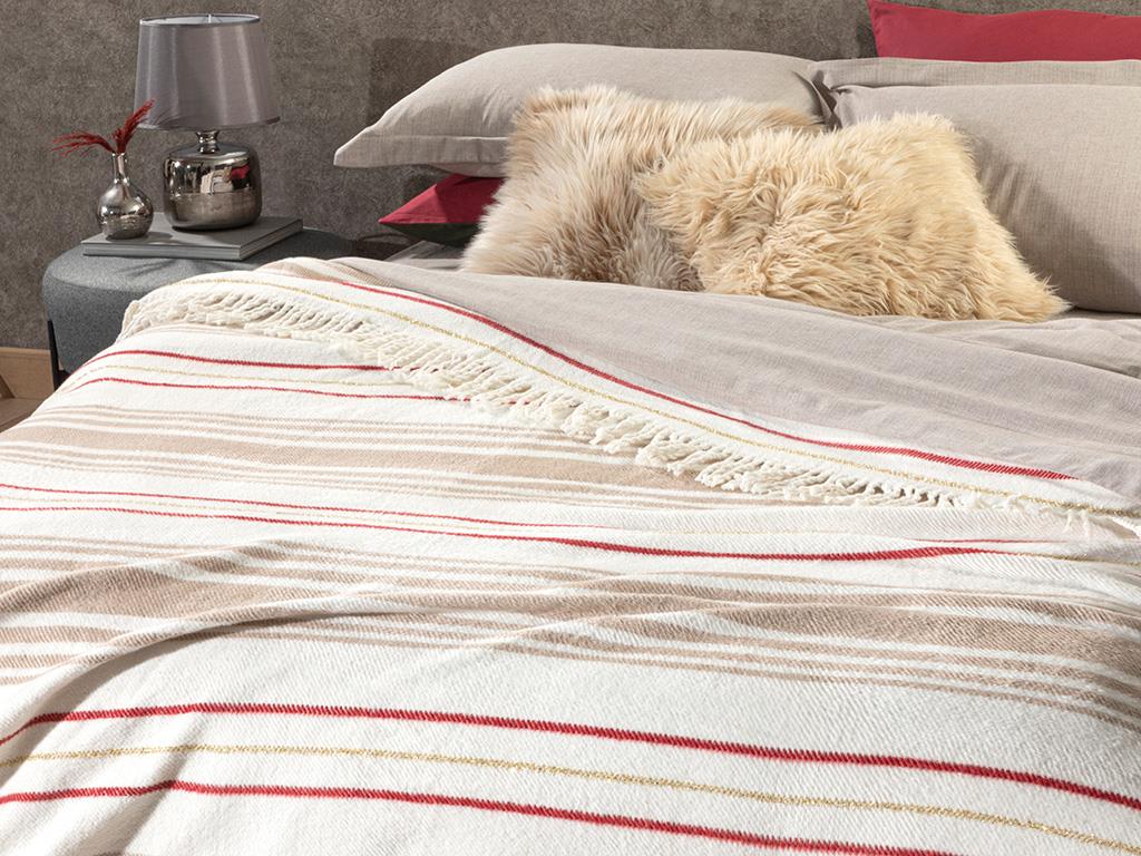 Royal Stripes Bumbac Sclipitor Dublu Pătură 200*220 Cm Bej-roșu
