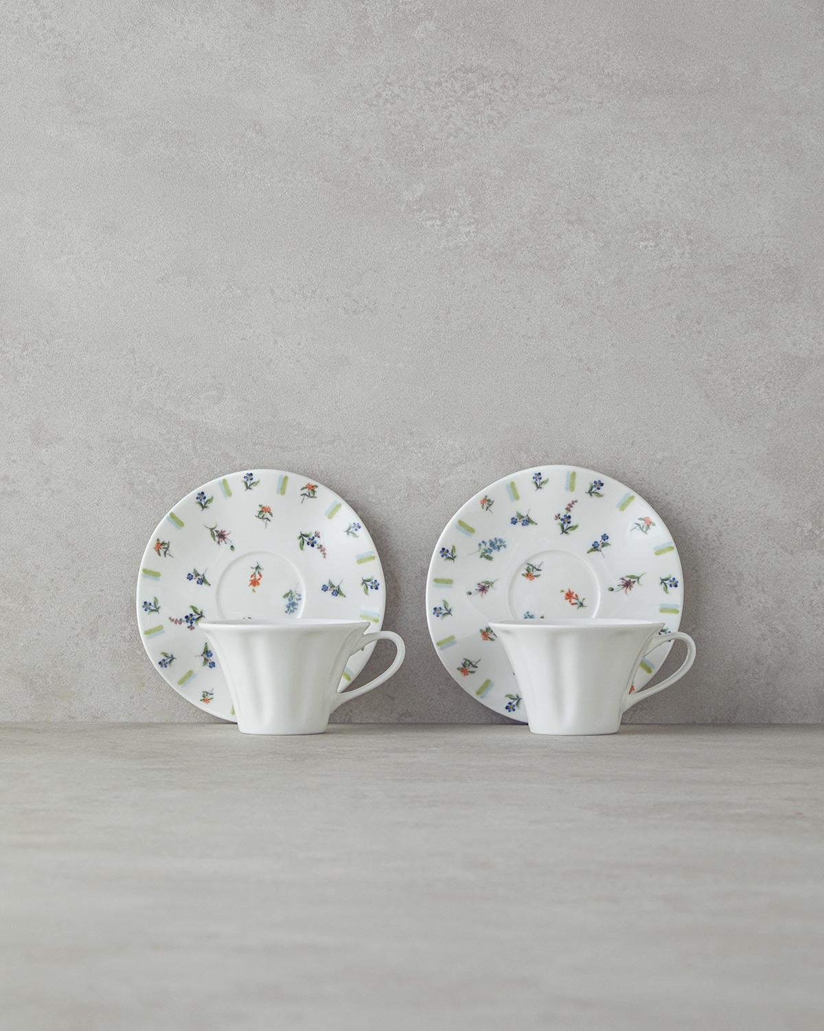 Set 2 cești de ceai cu farfurie, Pleasant, porțelan, 180 ml, alb-multicolor