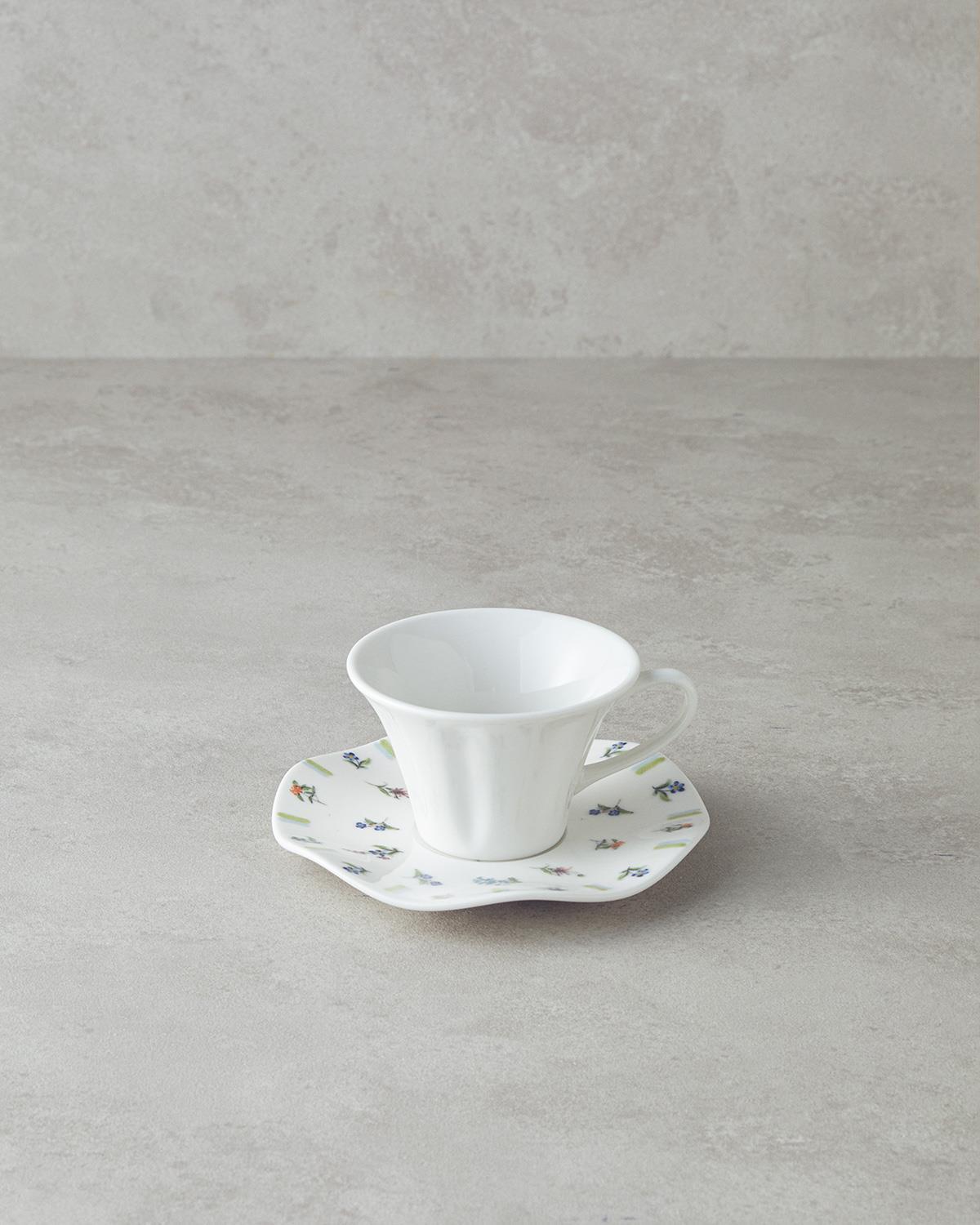 Set 2 cești de ceai cu farfurie, Pleasant, porțelan, 180 ml, alb-multicolor