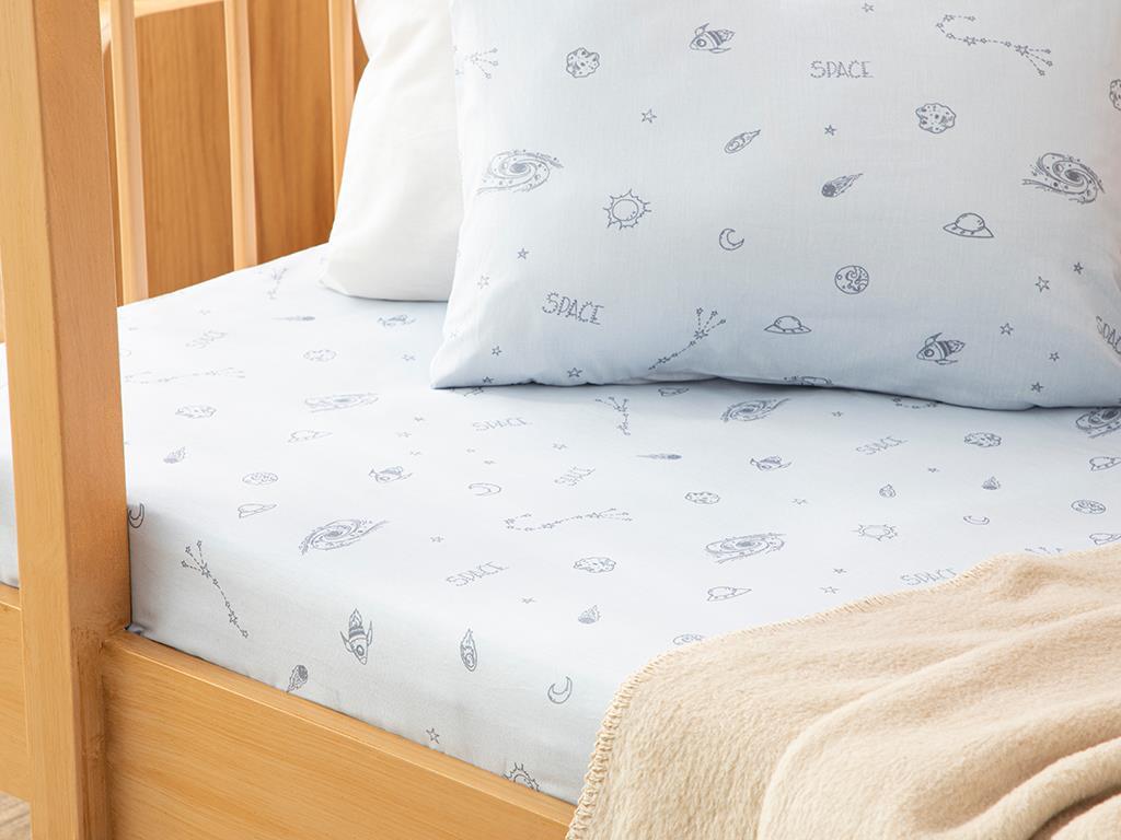 Set cearșaf cu elastic și față de pernă pentru copii, Galaxy, 70x140 cm, bumbac, bleu