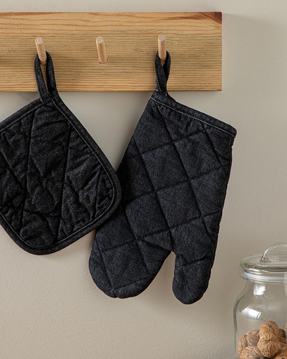 Set de bucătărie, mănusă și suport textil termorezistente, Alas, bumbac, 18x28 cm+18x18 cm, negru