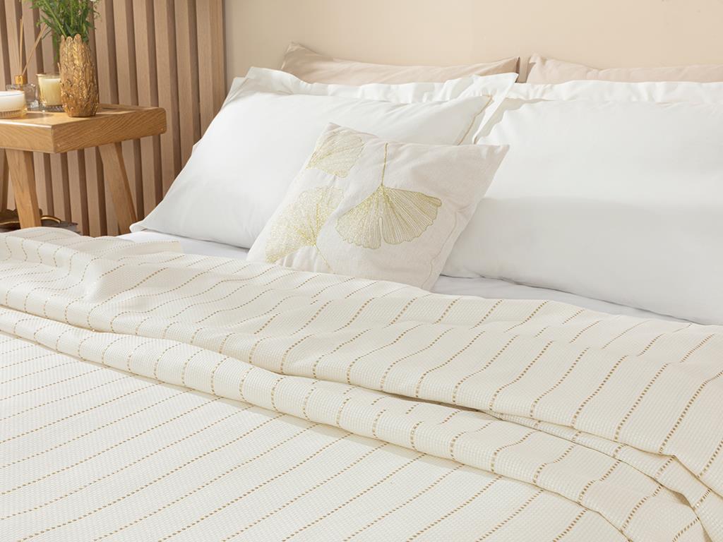 Gold Stripe Glittered Cotton Viscose Double Summer Blanket Set 200x220 cm White-Gold.