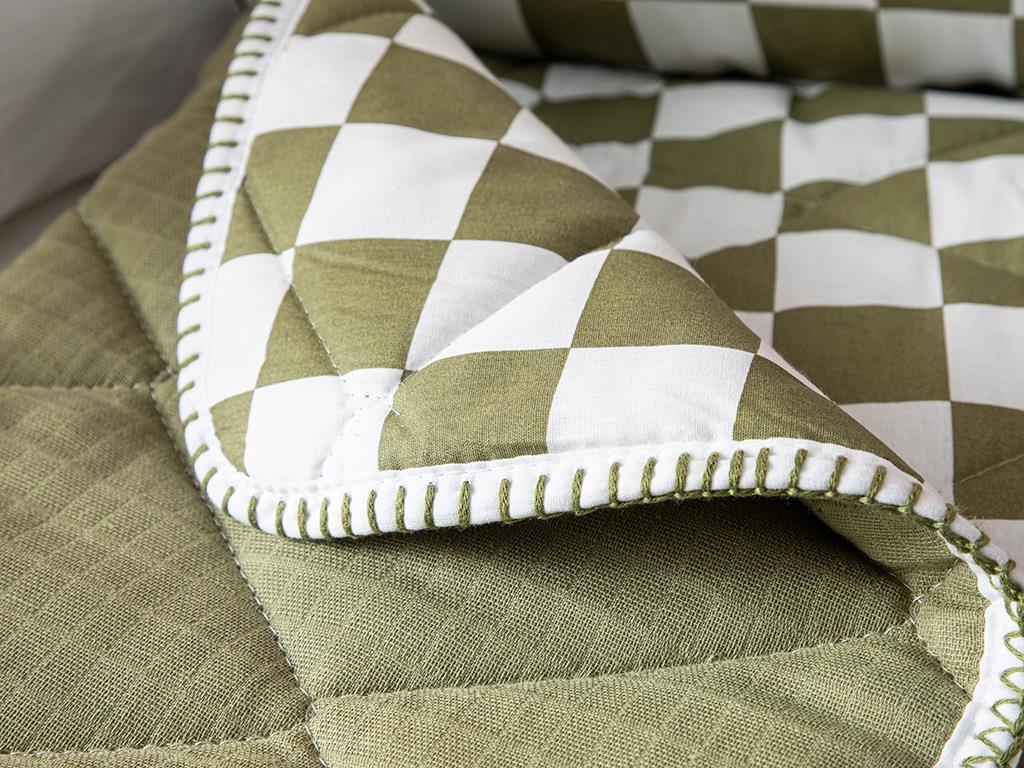 Squared Cottony Muslin Baby Quilt Set 95x145 cm Green