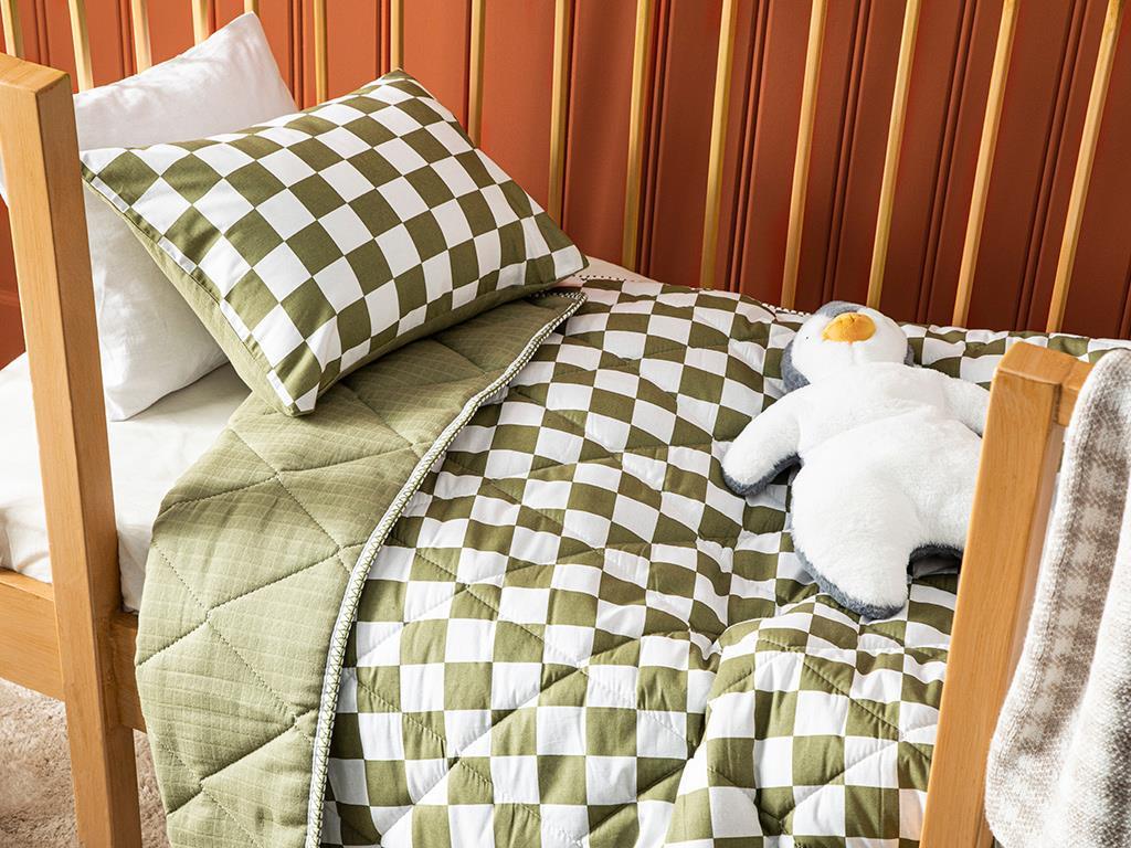 Squared Cottony Muslin Baby Quilt Set 95x145 cm Green