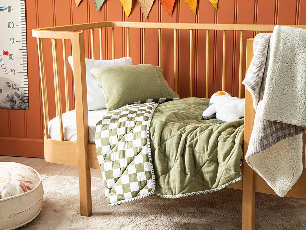 Squared Cottony Muslin Baby Quilt Set 95x145 cm Green