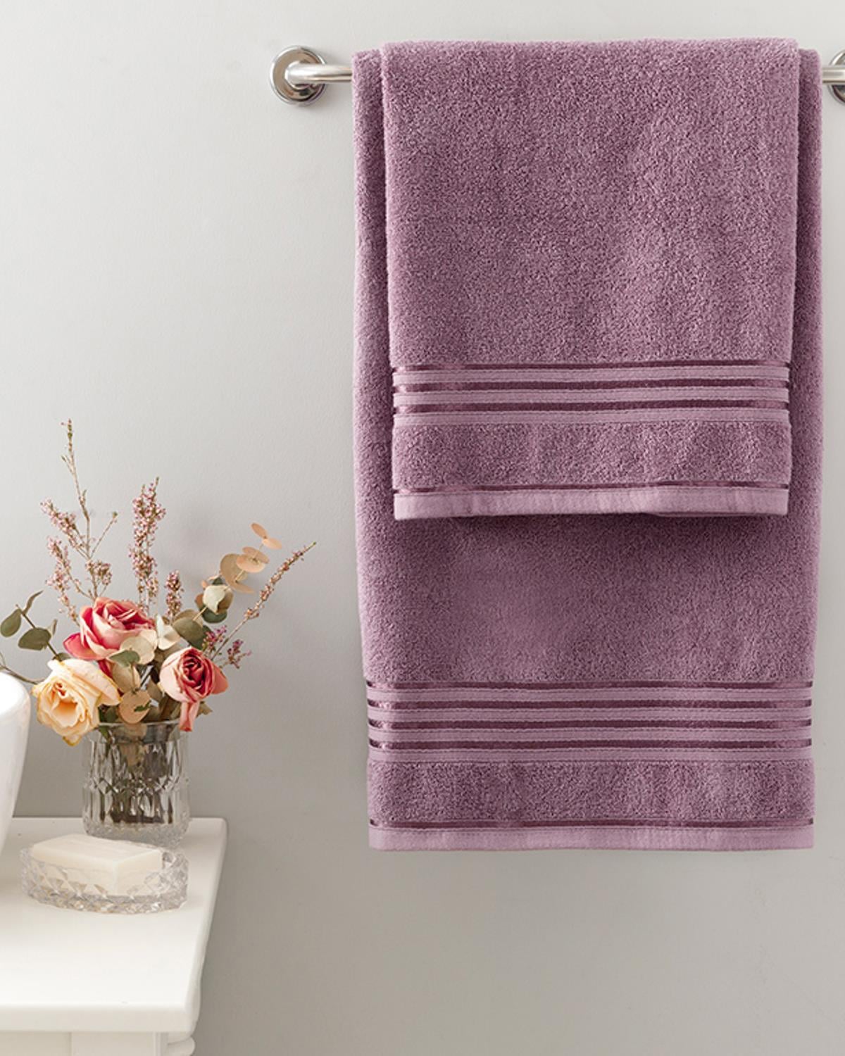 Romantic Stripe Filoselle Bath Towel Set 50x85cm + 70x150cm Light Damson